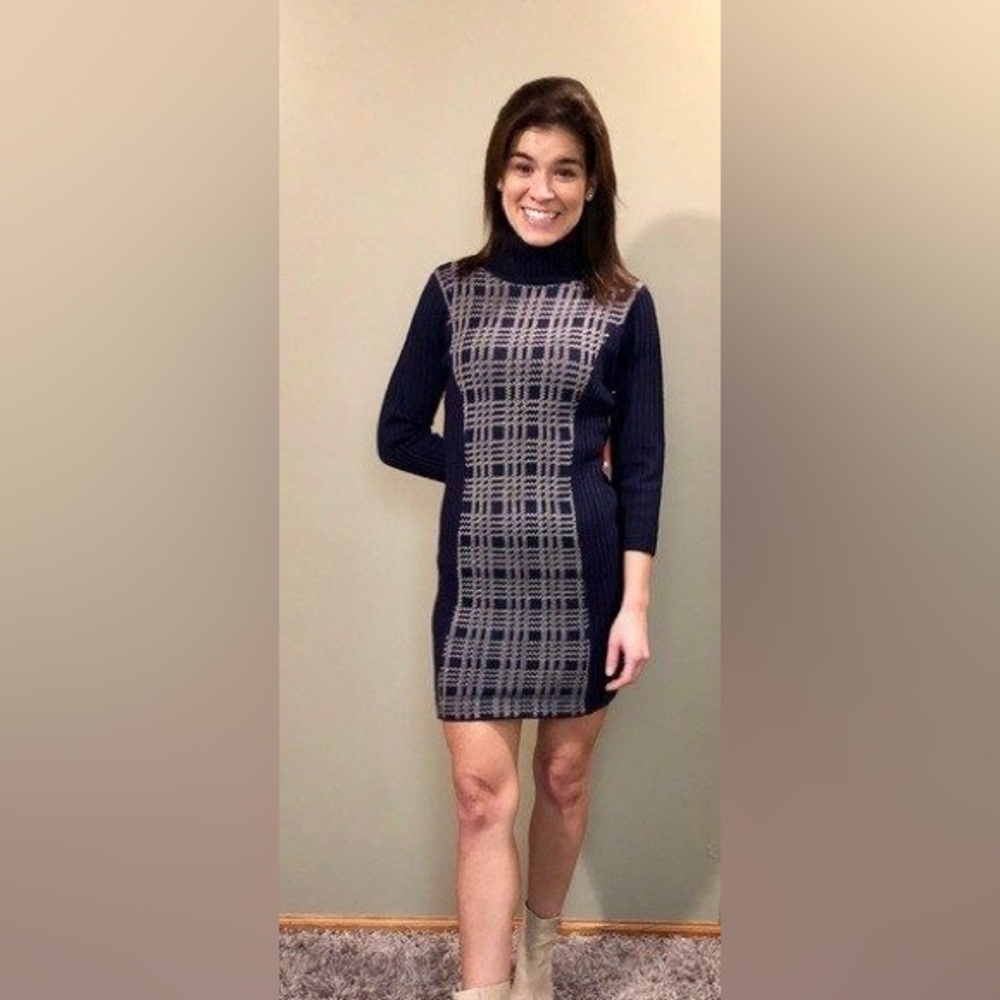 Beulah Style Knit Turtleneck Dress | Navy & White | Long Sleeve